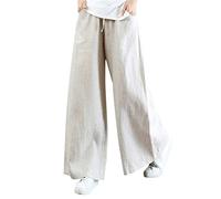 Generisch Pantalones de mujer de talle alto, algodón, lino, palazzo, pierna ancha, pantalones largos con bolsillo, pantalones de mujer con goma elástica, beige, L
