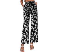 Generisch Pantalones de Mujer Impreso Pierna Ancha Casual Fluido Pantalones con Bolsillos Pantalones 3/4 Mujer Negro, Blanco, M