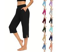 Generisch Pantalones de mujer negros elásticos de yoga de pierna ancha de 3/4 de largo de tela para hacer jogging de cintura alta pantalones de verano elegantes pantalones de ocio 7/8 pantalones capri