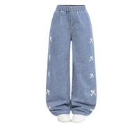 Generisch Pantalones de niña bonitos estampados con lazo adornado pantalones anchos para el tiempo libre, cómodos, elásticos, para adolescentes, tendencias cotidianas, modernas, 7 - 12 años, azul
