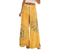 Generisch Pantalones de ocio para mujer, informales, cómodos, pantalones de verano, ligeros, holgados, pantalones de playa, cintura alta, elásticos, pantalones de pierna ancha, patrón con y cordón