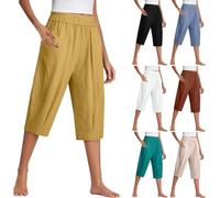 Generisch Pantalones de ocio para mujer, tallas grandes, pantalones de tela de verano, elegantes y cortos, pantalones de muselina, ligeros y aireados, pantalones de verano hasta la rodilla, pantalones
