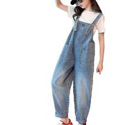 Generisch Pantalones de personalidad de moda para niñas, cintura elástica, tirantes de pierna ancha, pantalones vaqueros informales con bolsillos, azul celeste, 12-13 años