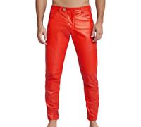 Generisch Pantalones de piel sintética para hombre, elásticos, de piel sintética, ajustados, ajustados, para moto, club nocturno, para hombre, pantalones de cuero, pantalones de motorista, rojo, 32