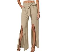 Generisch Pantalones de verano con hendiduras para mujer, laterales abiertos, pantalones de tela ligeros, elegantes muselinas, culottes, pantalones de cintura alta, aireados, pantalones de ocio para