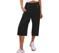 Generisch Pantalones de verano ligeros para mujer, pantalones de lino 3/4, pantalones cortos de verano, XXL, pantalones cortos de deporte, holgados, de cintura alta, pantalones pirata con bolsillos