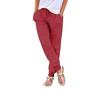 Generisch Pantalones de verano para mujer, informales de lino, pantalones de tela monocolor, elásticos, ligeros, de lino, pantalones de pierna recta y bolsillos, pantalones de verano con cordón y
