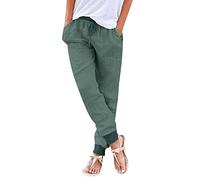Generisch Pantalones de verano para mujer, informales de lino, pantalones de tela monocolor, elásticos, ligeros, de lino, pantalones de pierna recta y bolsillos, pantalones de verano con cordón y
