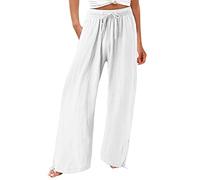 Generisch Pantalones de verano para mujer, ligeros, informales, sueltos, de lino, para el tiempo libre, pantalones palazzo, pantalones de verano, cintura alta, con cordón y bolsillos, pantalones de