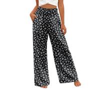 Generisch Pantalones elásticos Palazzo de cintura alta, pierna ancha, cómodos y informales, elegantes pantalones largos con bolsillo lateral para el día a día, oficina, vacaciones, Negro , M
