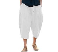 Generisch Pantalones informales de lino para hombre con corte entallado, corte holgado deportivo como cómodos pantalones harén en la longitud ideal del calendario, Blanco, XXL