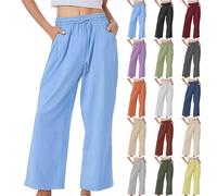 Generisch Pantalones largos de lino para mujer, pantalones de ocio, pantalones de pierna ancha, pantalones de yoga de un solo color, pantalones de tela holgados, pantalones anchos para mujer con