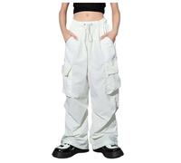 Generisch Pantalones para niñas casuales cintura alta cordón ajuste holgado bolsillos grandes pantalones de chándal cargo para niños pantalones niñas 140 ancho