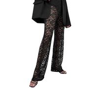 Generisch Pantalones transparentes de encaje Y2K para mujer, cintura alta, pierna recta, pantalones con estampado de crochet, cintura elástica, malla de calle, pantalones de malla para discotecas