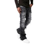 Generisch Pantalones vaqueros ajustados para hombre con diseño de patchwork rasgado y flecos acampanados con aspecto desgastado, ropa de calle, pantalones vaqueros modernos para hombre, moto, tiempo