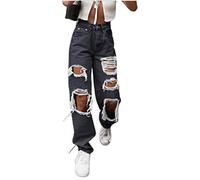 Generisch Pantalones vaqueros para mujer negros rotos - pantalones cargo para mujer, vaqueros holgados, pantalones vaqueros elásticos Y2K, pierna ancha, pantalones vaqueros sueltos para mujer