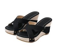 Generisch Pantuflas de mujer de piel de verano, zapatillas para mujer con plantilla para el pie, zapatillas de verano abiertas, pantuflas de playa informales con tacón inclinado, suela gruesa