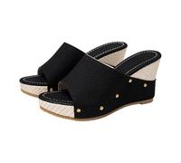 Generisch Pantuflas de piel para mujer, pantuflas de verano abiertas, pantuflas de playa con tacón inclinado, suela gruesa antideslizante zapatos de playa, sandalias huecas y ligeras, zapatillas de