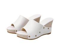 Generisch Pantuflas de piel para mujer, pantuflas de verano abiertas, pantuflas de playa con tacón inclinado, suela gruesa antideslizante zapatos de playa, sandalias huecas y ligeras, zapatillas de