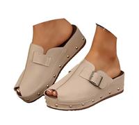 Generisch Pantuflas de verano con remache para mujer, plataforma de cuña, zapatillas, boca de pescado, puntera abierta, zapatillas retro de piel sintética, tacones altos con hebilla de gran tamaño al