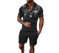 Generisch Patrón de gradiente rampa de impresión de dos piezas cremallera manga corta top blusa cordón bolsa corto conjunto chalecos lana hombres, Negro , 4XL