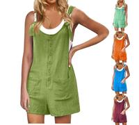 Generisch Peto de algodón y lino para mujer, pantalones de trabajo cortos, sin mangas, con tirantes ajustables, mono de verano suelto, mono elegante, con bolsillos, verde, L