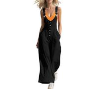 Generisch Peto para mujer, largo de pierna ancha, sexy, cuello en V, entallado, con tirantes ajustables, mono de peto, holgado, monocolor, informal, con tirantes, Negro , XXL (xx_l)