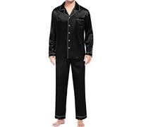 Generisch Pijama Casual Hombre Manga Larga Botón Satén Seda Dos Piezas Ropa de Dormir Traje Pantalones Pijama Pijama, Negro , L