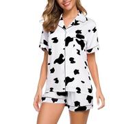 Generisch Pijama corto de satén para mujer, juego de pijama estampado, ropa de salón ligera, suelta, informal, elegante, camiseta de dormir, pantalones de dos piezas, con cuello en V, botones, J., M
