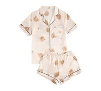 Generisch Pijama corto para mujer con bonito diseño de oso - Conjunto de pijama de dos piezas de tejido satinado | Ropa de dormir de verano con botones y pantalones cortos, Style_u01 Khaki, XS