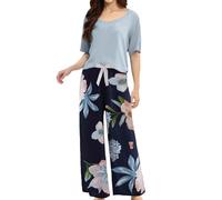 Generisch Pijama de dos piezas para mujer con camiseta, pantalón ancho de seda, para primavera, cuello redondo, estampado, estilo básico, lavable a máquina, ideal para, azul claro, M