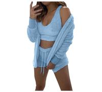 Generisch Pijama de franela para mujer, conjunto corto de tres piezas con bigote gato lindo patrón, azul claro, L