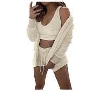 Generisch Pijama de franela para mujer, conjunto corto de tres piezas con bigote gato lindo patrón, beige, XXL