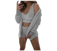 Generisch Pijama de franela para mujer, conjunto corto de tres piezas con bigote gato lindo patrón, gris, S
