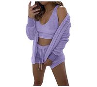 Generisch Pijama de franela para mujer, conjunto corto de tres piezas con bigote gato lindo patrón, morado, S