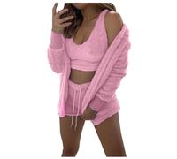 Generisch Pijama de franela para mujer, conjunto corto de tres piezas con bigote gato lindo patrón, Rosa., M