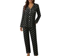 Generisch Pijama de invierno para mujer, informal, con estampado de lunares, de dos piezas, manga larga, Negro , M