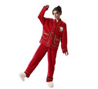 Generisch Pijama de Navidad para mujer, ropa de casa de vellón de coral, ropa de descanso de franela cálida con estampado de Papá Noel, conjunto de casa, parte superior con botones y bolsillos y