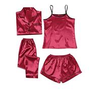 Generisch Pijama de satén corto para mujer, 4 piezas, conjunto de pijama cami y pantalones cortos, albornoz, traje de casa, ligero, ropa de dormir, ropa de dormir, bata suave, ropa de ocio, cómoda