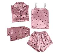 Generisch Pijama de satén corto para mujer, 4 piezas, conjunto de pijama cami y pantalones cortos, albornoz, traje de casa, ligero, ropa de dormir, ropa de dormir, bata suave, ropa de ocio, cómoda