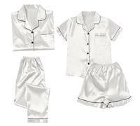 Generisch Pijama de satén para mujer, 4 piezas, conjunto de pijama de manga corta y pantalones cortos para mujer, conjunto de ocio, ropa de salón, pijamas nocturnos para mujer sexy, Blanco, XXL