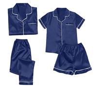 Generisch Pijama de satén para mujer, 4 piezas, conjunto de pijama de manga corta y pantalones cortos para mujer, conjunto de ocio, ropa de salón, pijamas nocturnos para mujer sexy, azul oscuro, M