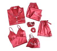 Generisch Pijama de satén para mujer de 7 piezas, pijama de manga corta, ropa de dormir cami y pantalones cortos, traje de casa, bata de salón, albornoz de viaje, albornoz para novia, albornoz de
