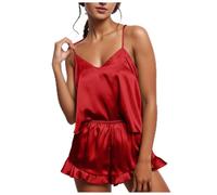 Generisch Pijama de satén para mujer, pijama sexy, conjunto de pijama corto, sin mangas, con tirantes finos, ropa de dormir de verano, Vino, XXL