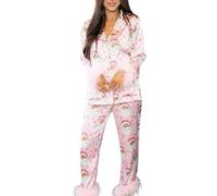 Generisch Pijama largo para mujer, conjunto de pijama de Navidad para mujer, franela de manga larga, camisa con cuello muesca, pantalón, ropa de dormir a cuadros de 2 piezas, Rosa., L