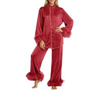 Generisch Pijama para mujer con ribete de plumas de seda, conjuntos largos de botones, 2 piezas, de satén, juego de pijama sedoso, ropa de dormir, ropa de dormir, ropa de dormir informal, rojo, M