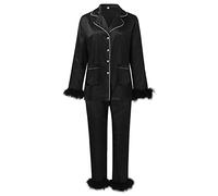 Generisch Pijama para mujer con ribete de plumas de seda, conjuntos largos de botones, de satén, conjunto de pijama sedoso, 2 piezas, ropa de salón, suave y holgada, B-negro., S