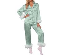 Generisch Pijama para mujer, conjunto de pijama con plumas, satén y seda, dobladillo de plumas, camisa de manga larga, pantalones largos, ropa de dormir, ropa de salón, traje de casa, pijama suelto
