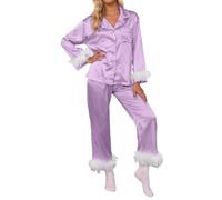 Generisch Pijama para mujer, conjunto de pijama con plumas, satén y seda, dobladillo de plumas, camisa de manga larga, pantalones largos, ropa de dormir, ropa de salón, traje de casa, pijama suelto