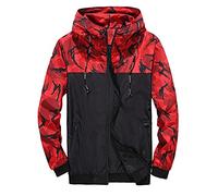 Generisch Plumón para hombre estampado patchwork capucha cordón manga larga cremallera abrigo al aire libre suelto impermeable cortavientos caminando hombre, rojo, XL